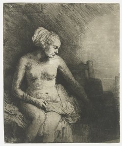 Nainen kylpylässä, hattu vieressään Nainen kylvyssä hattu vieressään tekijältä Rembrandt van Rijn