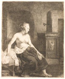 Nainen istuu puolipukeutuneena lieden vieressä tekijältä Rembrandt van Rijn