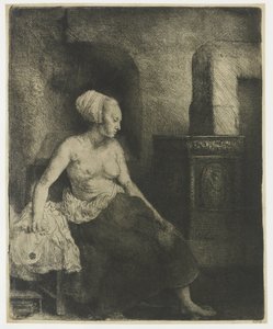 Nainen istuu puolipukeutuneena lieden vieressä tekijältä Rembrandt van Rijn