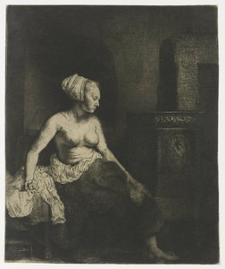 Nainen istuu puolipukeutuneena lieden vieressä tekijältä Rembrandt van Rijn