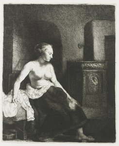 Nainen istuu puolipukeutuneena lieden vieressä tekijältä Rembrandt van Rijn