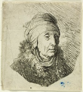 Nainen, jolla on korkea päähine leuan ympärillä: rintakuva tekijältä Rembrandt van Rijn