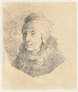 Nainen, jolla on korkea, leuan ympärille kiedottu päähine: rintakuva tekijältä Rembrandt van Rijn