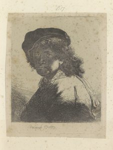 Omakuva baretilla ja kaulaliinalla, kasvot varjossa Recueil de quatre-vingt-cinq estampes originales (sarjan nimi) tekijältä Rembrandt van Rijn