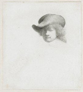 Omakuva, jossa on roikkuva hattu ja koristeltu viitta tekijältä Rembrandt van Rijn
