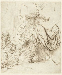Istuva näyttelijä Capitano-roolissa tekijältä Rembrandt van Rijn