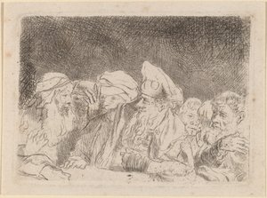 Fariseukset väittelevät (katkelma sadan guldenin kirjasta) tekijältä Rembrandt van Rijn and William Baillie