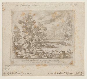Maisema, jossa Tobias ja enkeli, noin 1609 (etsaus). tekijältä Remigio Cantagallina