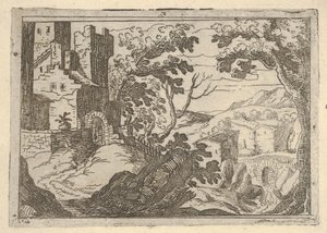 Maisema, jossa rakennuksia vasemmalla ja silta oikealla alla, n. 1620-50. tekijältä Remigio Cantagallina