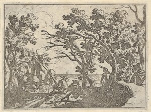 Maisema, jossa on rannikkokalastaja ja miespuolinen katselija puiden alla, mies veneen keulassa..., n. 1620-50.