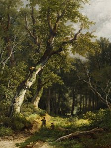 Metsäinen maisema ja kaksi metsästäjää