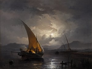 Yömaisema purjeveneellä, jossa sytytetään tulta, vuoden 1860 jälkeen (öljy kankaalle) tekijältä Remigius van Haanen