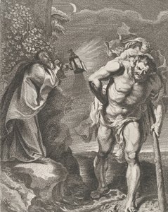 Pyhä Christopher kantaa Kristus-lapsia virran poikki, toinen mies kädessään ..., n. 1636-80.