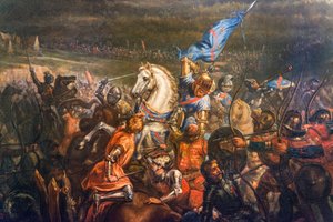 Satavuotinen sota: Formignyn taistelu (Calvados) 15.4.1450 Thomas Kyriellin (1396-1461) ja Jean de Clermontin (kuoli 1356) armeijan välillä - yksityiskohta Remy Eugene Julienin maalauksesta ( 1797-1868) - Musee d