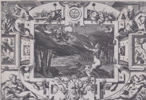 Lohikäärmeiden piirtämä Medea ja hänen vaununsa epäsiisti ja alasti pimeänä yönä, autiossa paikassa..., 1563.