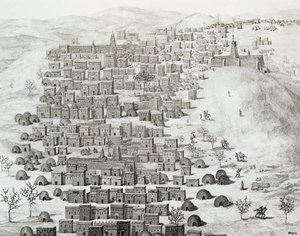 Näkymä Timbuktun kaupungista, Malista, Rene Caillien (1799-1838) kaiverrus Matkasta Keski-Afrikan läpi Timbuctoon vuosina 1824-1828, Afrikka tekijältä Rene Caillie
