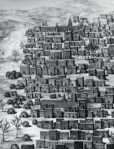 Näkymä Timbuktun kaupungista Malissa, Rene Caillie (1799-1838) vuosina 1824-1828, Afrikka, kaiverrus Matkasta Keski-Afrikan läpi Timbuctoon tekijältä Rene Caillie
