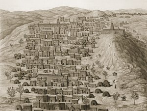 Näkymä osasta Timbuktun kaupunkia kukkulasta, kuva Journal dun Voyage a Tombouctou et a Jenne, 1830 tekijältä Rene Caillie