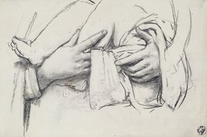 Estudo da mão de Nossa Senhora de Morienval em Oise, França (carvão sobre papel)finlandês