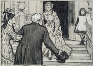 Vierailu, kuvitus Rene Boylesven La Jeune Fille Bien Eleveestä (mustavalkoisia liituja paperilla) tekijältä René François Xavier Prinet