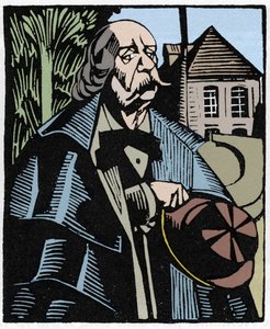 Gustave Flaubertin (1821-1880) muotokuva. Puukaiverrus Hermann-Paul (Hermann Paul) (1874-1940) Louis Bertrandin kirjaan "Flaubert a Paris or Le Mort Vivant". tekijältä Rene George Hermann Paul