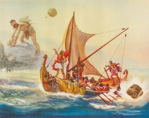Odysseus pilkkaa Kyklooppia (värilitografia) tekijältä Rene Schutzenberger