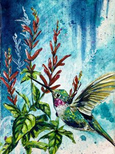 Renee Machanin teos ”Hover” – kolibri ja ananassalvia tekijältä Renee Machan Cottagecore Artist