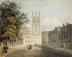 Magdalen College ja High Streetin itäpää, Oxford, 1795 tekijältä Rev Robert Nixon