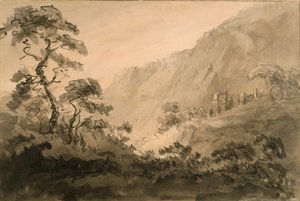 Paisagem montanhosa com ruínas (caneta, nanquim e tinta aguada sobre lápis sobre papel avergoado esbranquiçado preparado com aguada sépia) finlandês