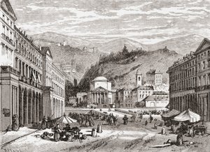 Katu Torinossa Italiassa 1800-luvun lopulla. Teoksesta Italian Pictures by Rev. Samuel Manning, julkaistu noin vuonna 1890. tekijältä Reverend Samuel Manning