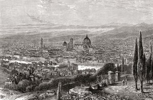 Näkymä Firenzeen, Toscanaan, Italiaan San Miniaton terassilta 1800-luvun lopulla. Teoksesta Italian Pictures by Rev. Samuel Manning, julkaistu noin vuonna 1890. tekijältä Reverend Samuel Manning
