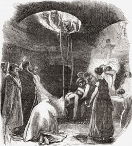 Varhaiskristillinen hauta Rooman katakombeissa Italiassa. Teoksesta Italian Pictures by Rev. Samuel Manning, julkaistu noin vuonna 1890. tekijältä Reverend Samuel Manning