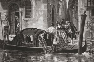 Matkustajat nousevat gondolista Grand Canalilla, Venetsiassa, Italiassa 1800-luvun lopulla. Teoksesta Italian Pictures by Rev. Samuel Manning, julkaistu noin vuonna 1890. tekijältä Reverend Samuel Manning