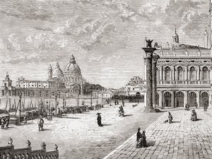 Piazza San Marco eli Pyhän Markuksen aukio, Venetsia, Italia 1800-luvun lopulla. Teoksesta Italian Pictures by Rev. Samuel Manning, julkaistu noin vuonna 1890.