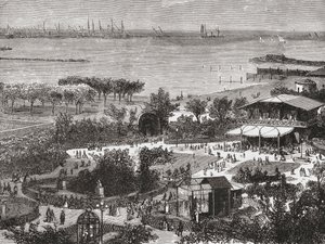 Livornon eli Leghornin julkiset puutarhat ja tienvarsi Toscanassa Italiassa 1800-luvun lopulla. Teoksesta Italian Pictures by Rev. Samuel Manning, julkaistu noin vuonna 1890. tekijältä Reverend Samuel Manning