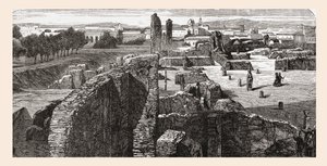 Bibliothecan jäännökset keisarien palatsissa Palatinuksen kukkulalla Roomassa, Italiassa 1800-luvun lopulla. Teoksesta Italian Pictures by Rev. Samuel Manning, julkaistu noin vuonna 1890. tekijältä Reverend Samuel Manning