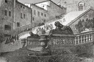 Portaat, jotka johtavat taivaan alttarin Pyhän Marian basilikaan, Rooma, Italia 1800-luvun lopulla. Teoksesta Italian Pictures by Rev. Samuel Manning, julkaistu noin vuonna 1890. tekijältä Reverend Samuel Manning
