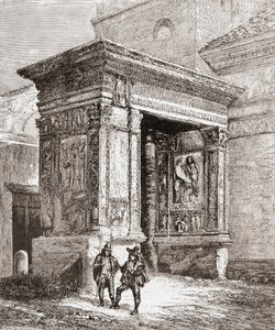 Arcus Argentariorum, San Giorgio al Velabron kirkon länsiseinässä, Rooma, Italia 1800-luvun lopulla. Teoksesta Italian Pictures by Rev. Samuel Manning, julkaistu noin vuonna 1890. tekijältä Reverend Samuel Manning