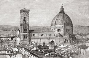 Santa Maria del Fioren basilikan Duomo ja Campanile, Piazza del Duomo, Firenze, Italia 1800-luvun lopulla. Teoksesta Italian Pictures by Rev. Samuel Manning, julkaistu noin vuonna 1890. tekijältä Reverend Samuel Manning