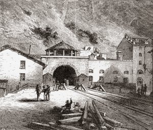 Fréjusin rautatietunneli, jota kutsutaan myös nimellä Mont Cenis -tunneli, Euroopan Alpit, Italian puolelta 1800-luvun lopulla. Teoksesta Italian Pictures by Rev. Samuel Manning, julkaistu noin vuonna 1890. tekijältä Reverend Samuel Manning
