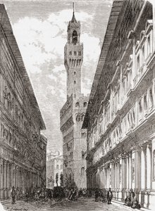 Uffizit, Palazzo Vecchio ja patsaita Piazza della Signoria -aukiolla Firenzessä 1800-luvun lopulla. Teoksesta Italian Pictures by Rev. Samuel Manning, julkaistu noin vuonna 1890. tekijältä Reverend Samuel Manning