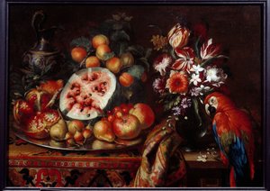 Asetelma punaisella papukaijalla ja hedelmillä Passionhedelmä, päärynä, persikka ja aprikoosit. Reynaud Levieux Reynaud (noin 1625-1690) maalaus 1600-luvulta Marseille, Musee des Beaux Arts