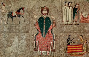 Alttaririntakuva Pyhän Martinuksen kirkosta, Chia, Espanja, jossa on kuvattu Pyhä Martinus Toursilainen ja neljä kohtausta hänen elämästään, 1150-1200 (tempera paneelille). tekijältä Ribagorça Workshop Johannes Pintor