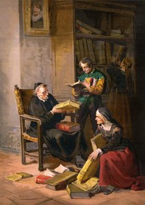 Pappi Pero Perez ja parturi-kampaaja Nicolas tarkastavat Don Quijoten kirjaston kirjoja. tekijältä Ricardo Balaca