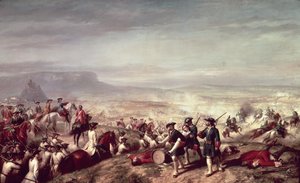 Almansan taistelu Philip V:n (1683-1746) ja Itävallan arkkiherttua Kaarlen joukkojen välillä vuonna 1707 (öljy kankaalle) tekijältä Ricardo Balaca y Canseco