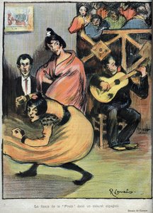 Kanan tanssi espanjalaisessa kabareessa - R. Canalsin piirros Le Rire de 1898 -julkaisussa -