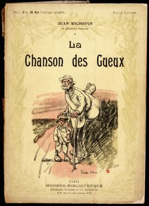 Vanha mies ja pikkupoika matkasolmuissa ja lumppuihin kapaloituneissa kengissä tiellä, kuvitus Ricardo Flores (kuollut 1918), Jean Richepinin teksti- ja runokokoelman "La chanson des gueux" kannessa (1849-1926), ranskalaiset