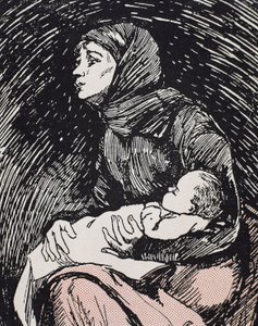 Jouluaatto. 1900. Laiha nainen lapsensa sylissään (kaiverrus) tekijältä Ricardo Maria Navarrete