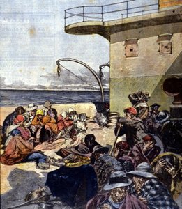 Italian muutto Kanadaan; matka Lake Meganticilla tehtiin melko vaikeissa olosuhteissa. Ill. kirjoittanut R. Pellegrini. La Domenica del corriere. 6.2.1901. tekijältä Riccardo Pellegrini