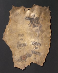 Ihmisen iho, tatuoitu kukilla ja kirjoituksella, ranska tekijältä John Pardon